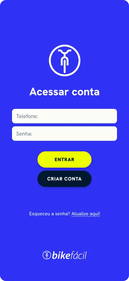 Tela de login do aplicativo Bike Fácil
