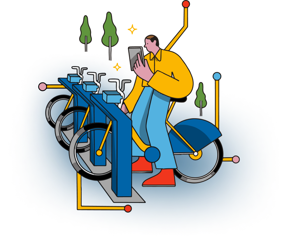 Pessoa utilizando bicicleta compartilhada através de app no celular