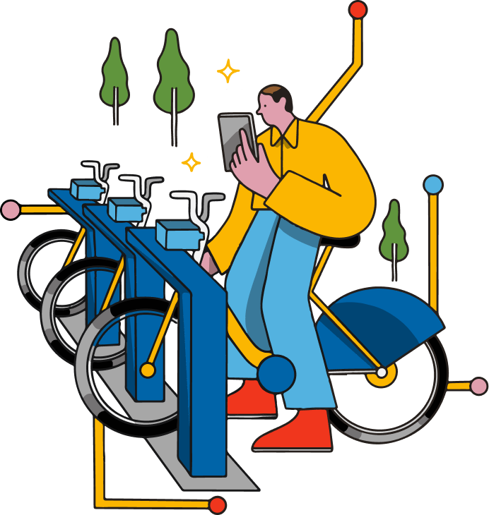 Pessoa utilizando bicicleta compartilhada através de app no celular