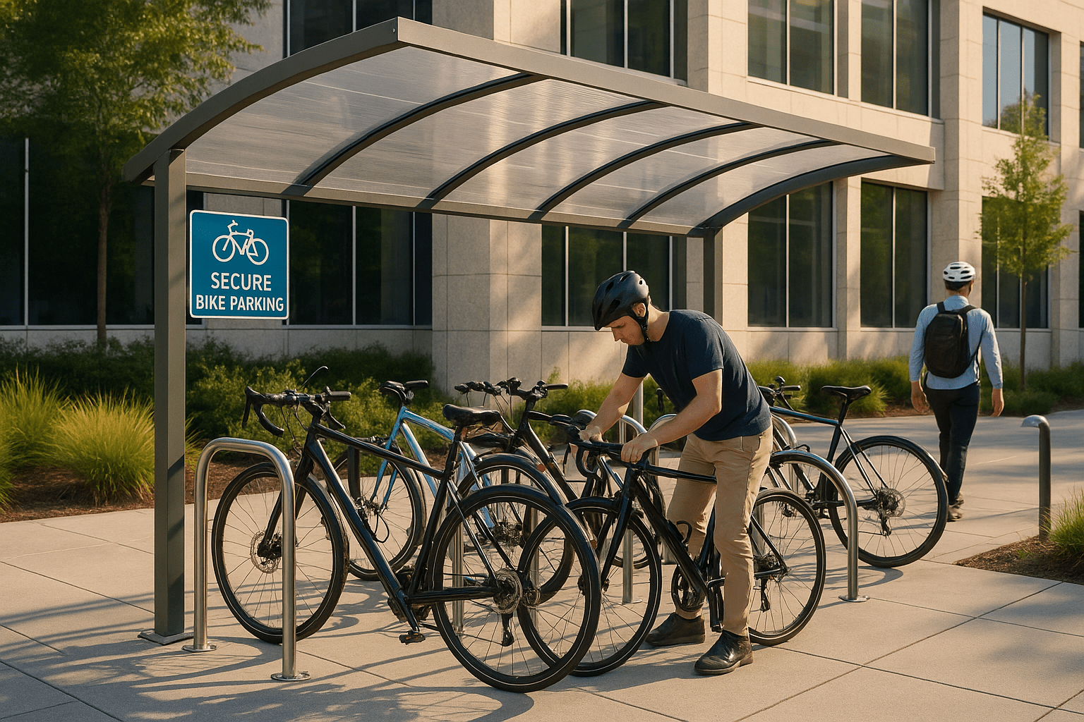 Estacionamento para bicicletas com racks tipo U e cobertura moderna em área urbana, ideal para segurança e mobilidade sustentável