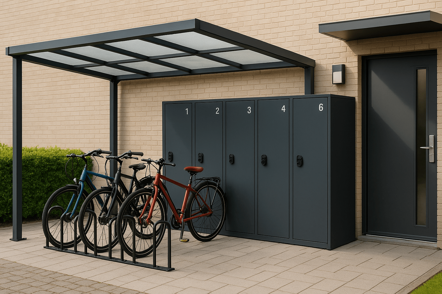 Bicicletário de prédio com estrutura coberta e bicicletas trancadas em lockers ao lado de entrada residencial.